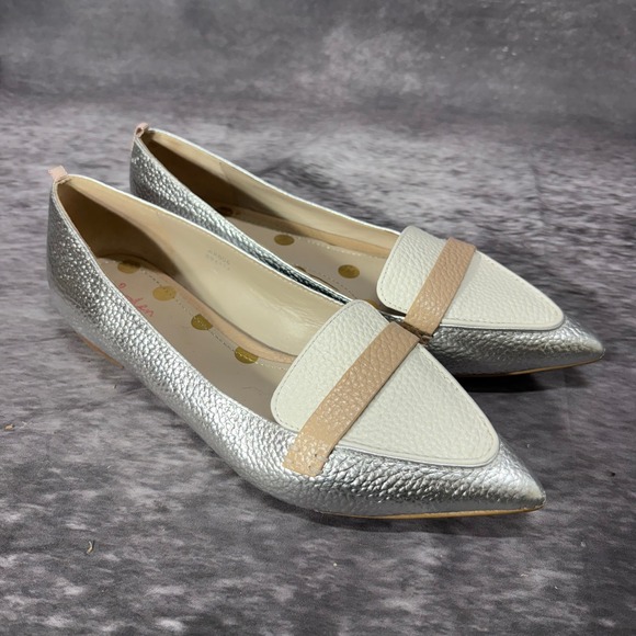 Boden Cordelia Metallic Silver Leather Pointed Toe Flats Shoes Womens 37 Office